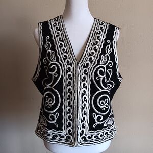 90s Southern Gothic Black White Embroidered Vest, Western Boho Goth Size 12